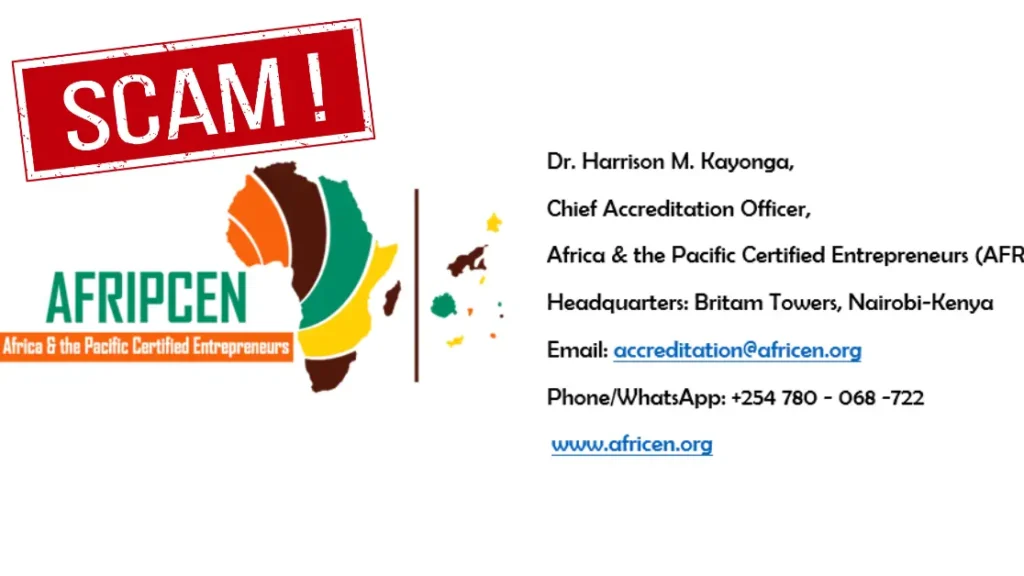 Footer of fake business grant scam email from AFRIPCEN, showing scam organization name, contact info, and website, marked with a 'SCAM' label.