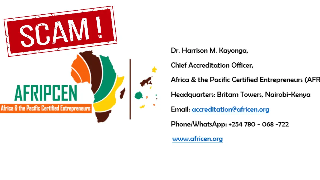 | Every Ingredient Footer of fake business grant scam email from AFRIPCEN, showing scam organization name, contact info, and website, marked with a 'SCAM' label.
