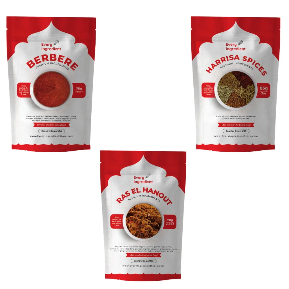 Berbere, Harissa and Ras el hanout packages from Every Ingredient